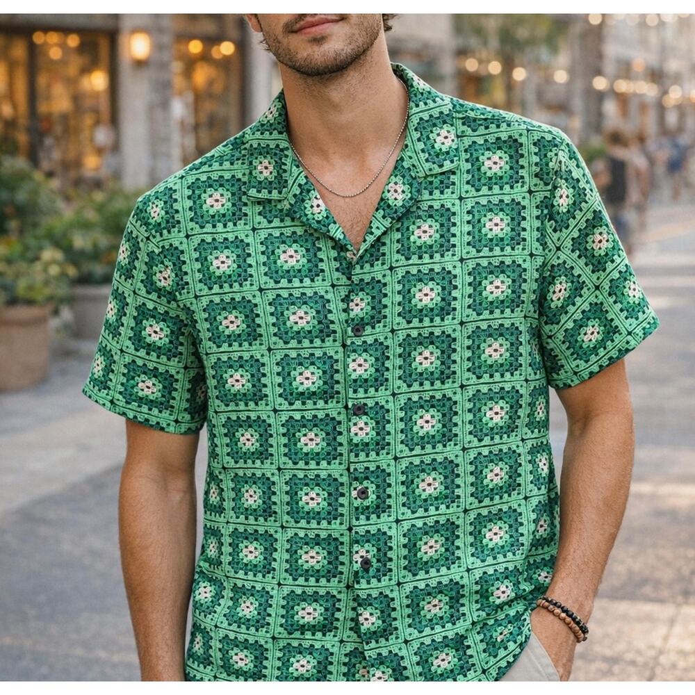 Malibu by Drill Clothing Co Button Down Shirt Granny Square Faux Crochet Medium